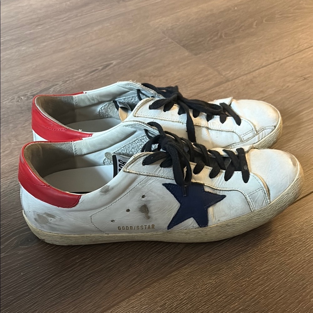 Golden Goose White Sneakers with Red and Blue Accents